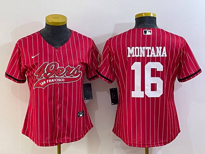 Women's San Francisco 49ers #16 Joe Montana Red With Patch Cool Base Stitched Baseball Jersey(Run Small)